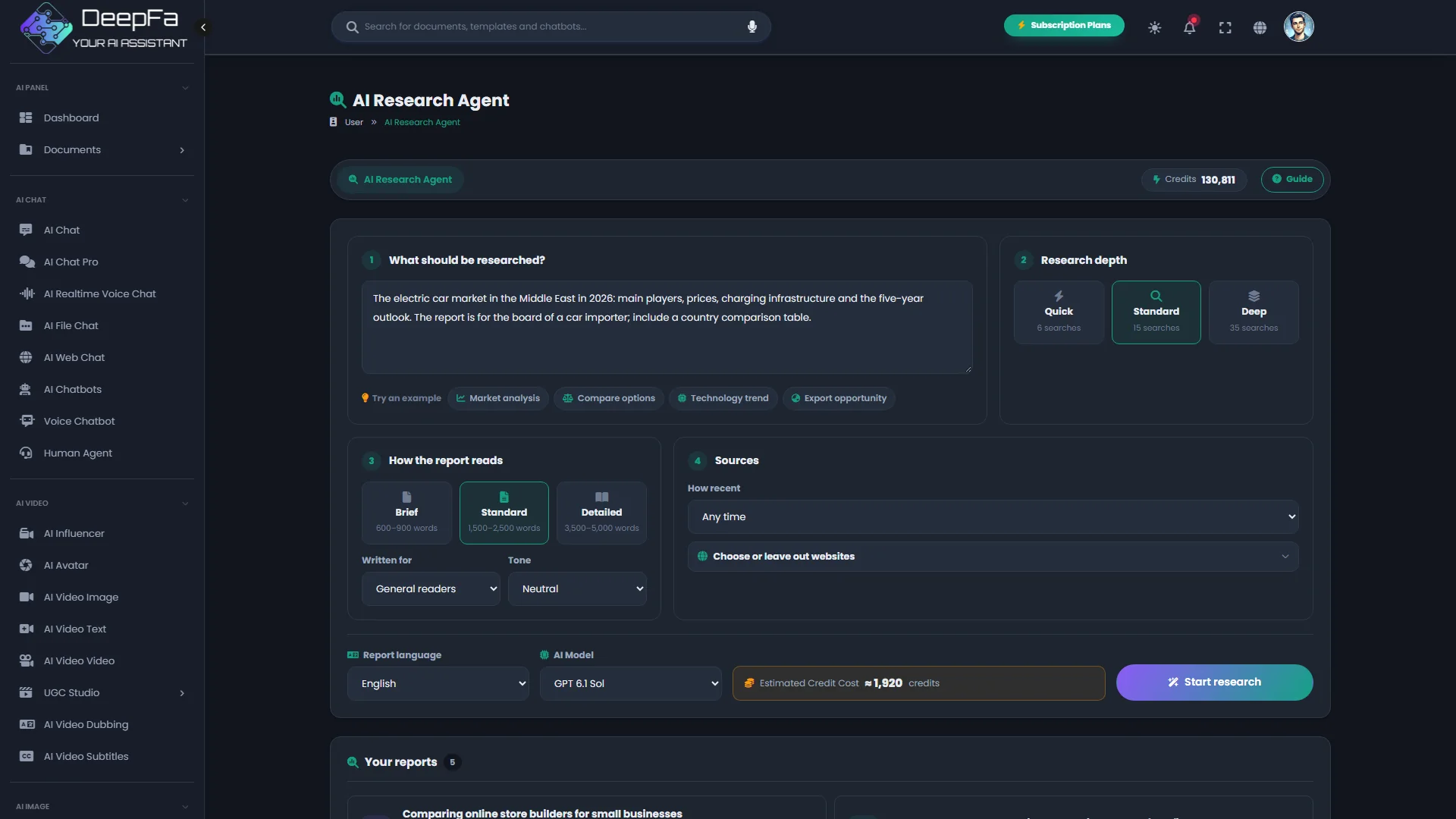 The research agent in the dark theme
