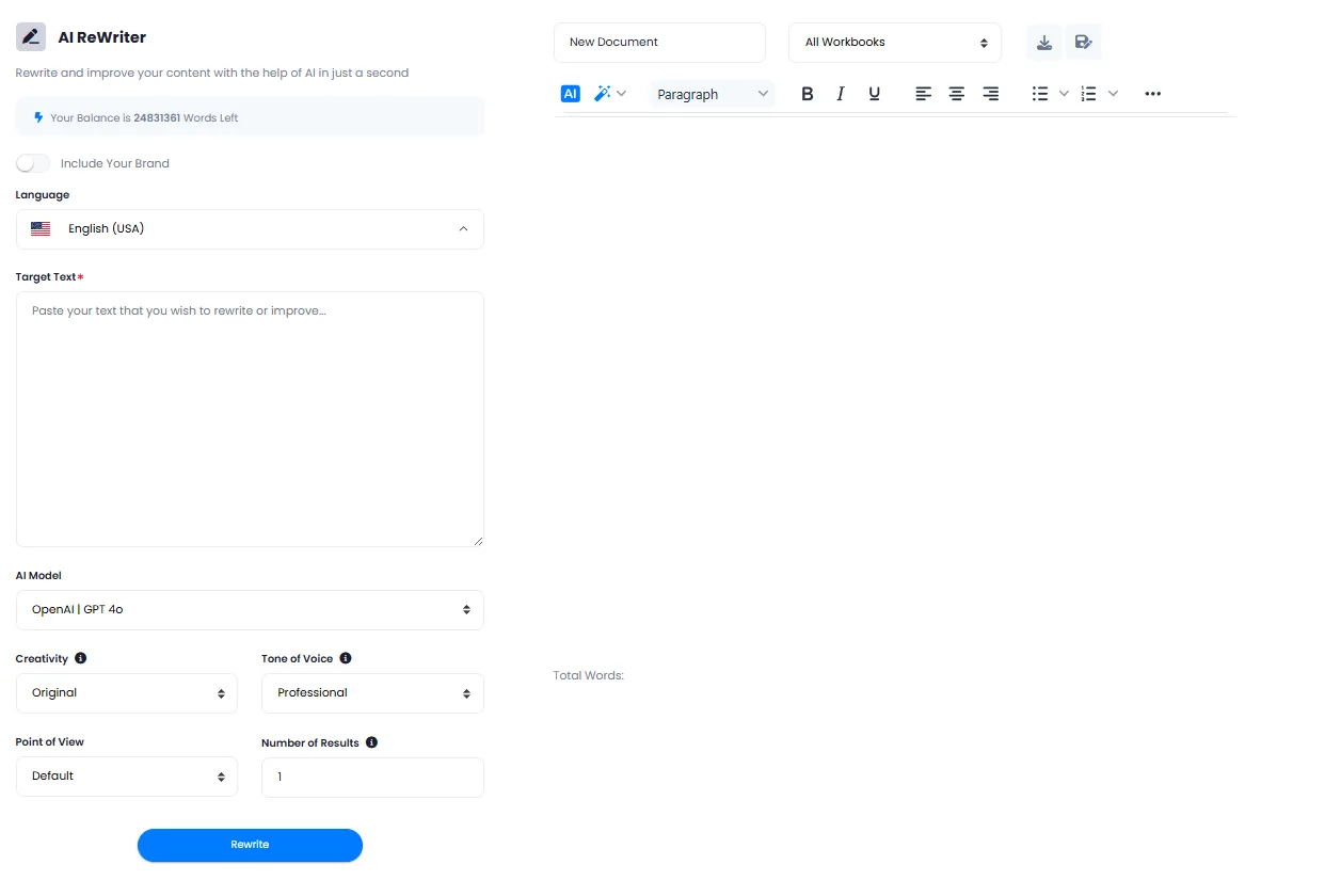 AI ReWriter Page with Model, Creativity, Tone and Point of View Settings