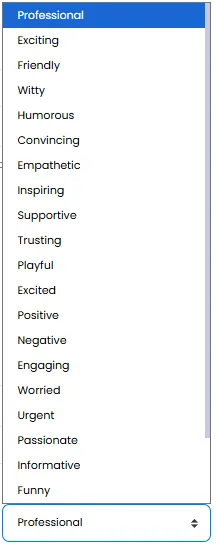 Tone of Voice Selection Dropdown with Options from Professional to Funny