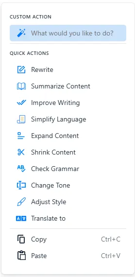 Editor Quick Actions Menu including Rewrite, Summarize, Improve and Translate