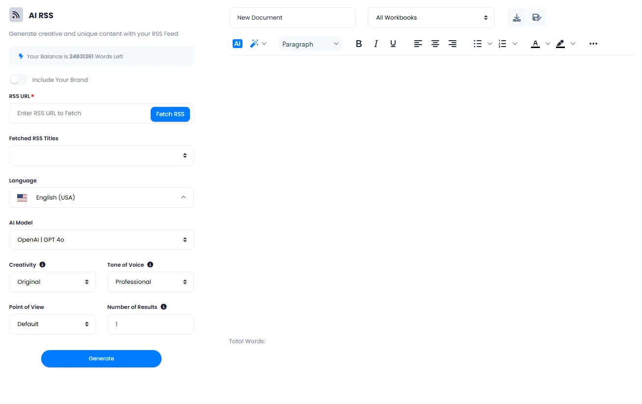 AI RSS to Text Page with RSS URL Fetch Field and Model, Tone and Point of View Settings