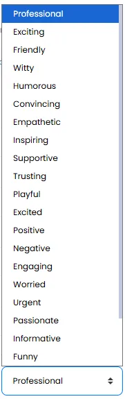 Tone of Voice Selection Dropdown with Options from Professional to Funny