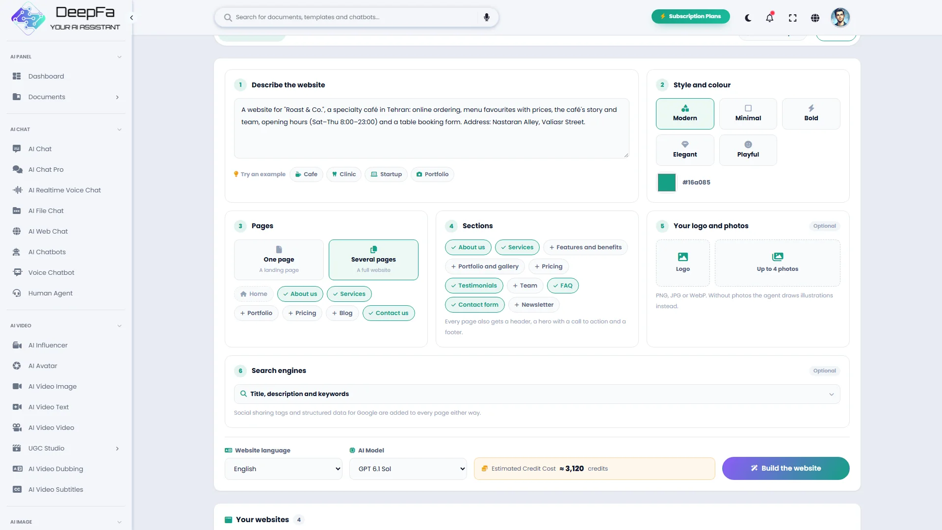 The site builder page: the description, ready-made examples, the style and the pages