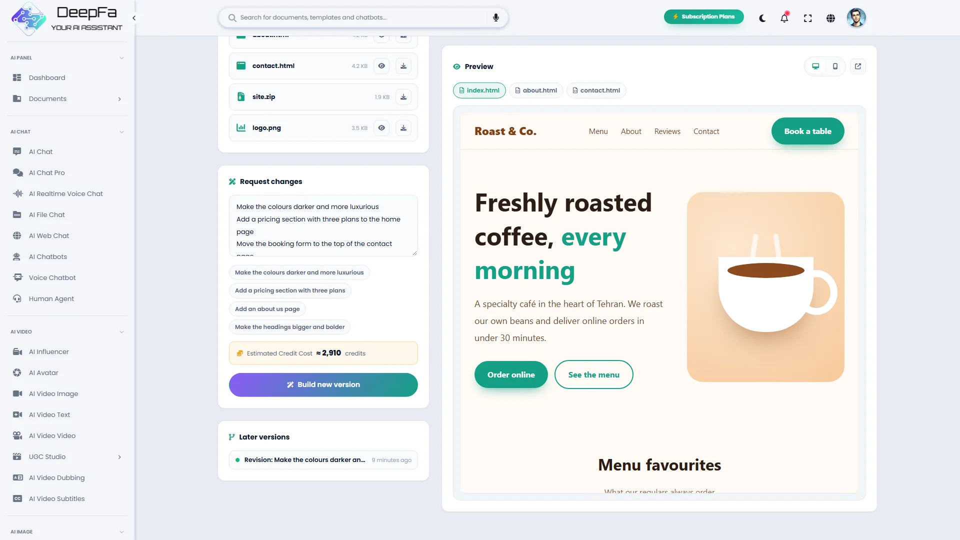 A change request with ready-made suggestions, beside the preview