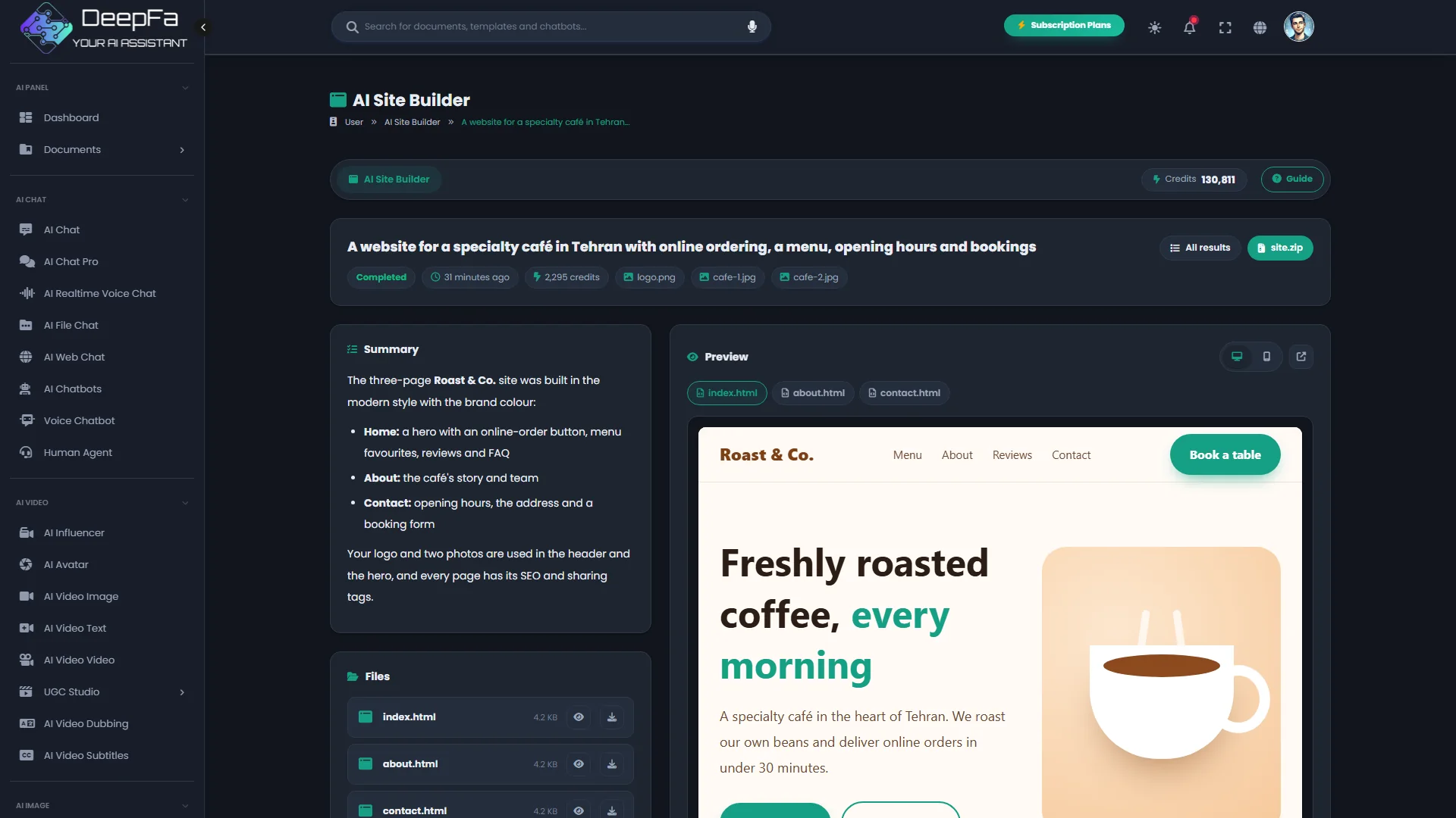 The site builder in the dark theme