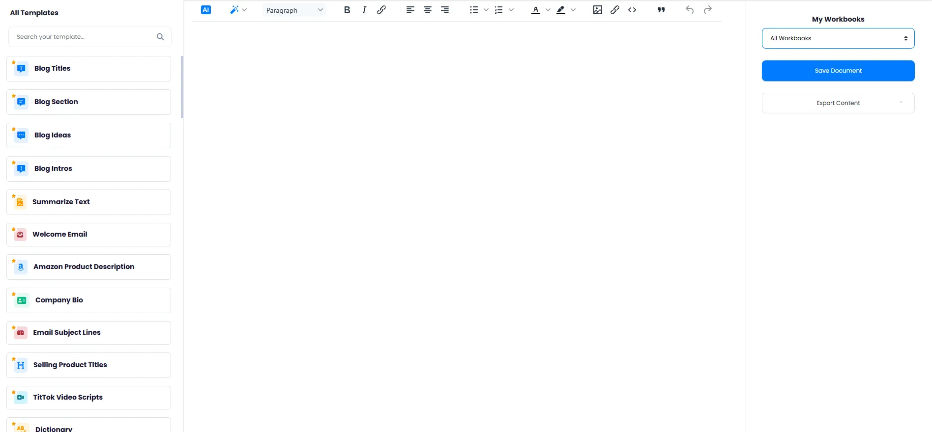 AI Smart Editor with Template List and Content Save and Export Tools