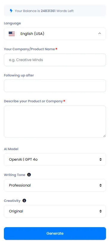 Content Generation Form with Language, Model, Tone and Creativity Settings