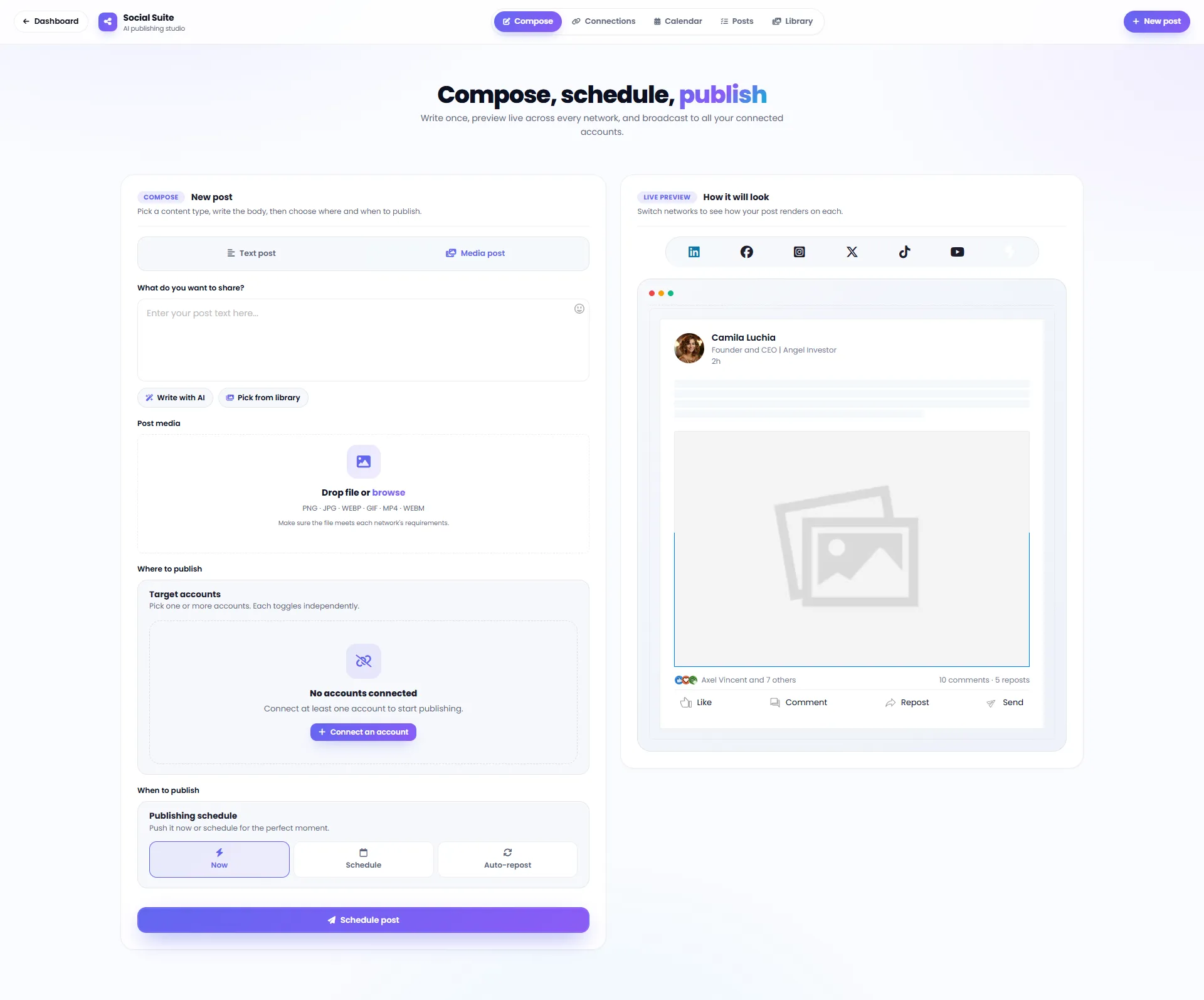 Post composer with live preview across social networks