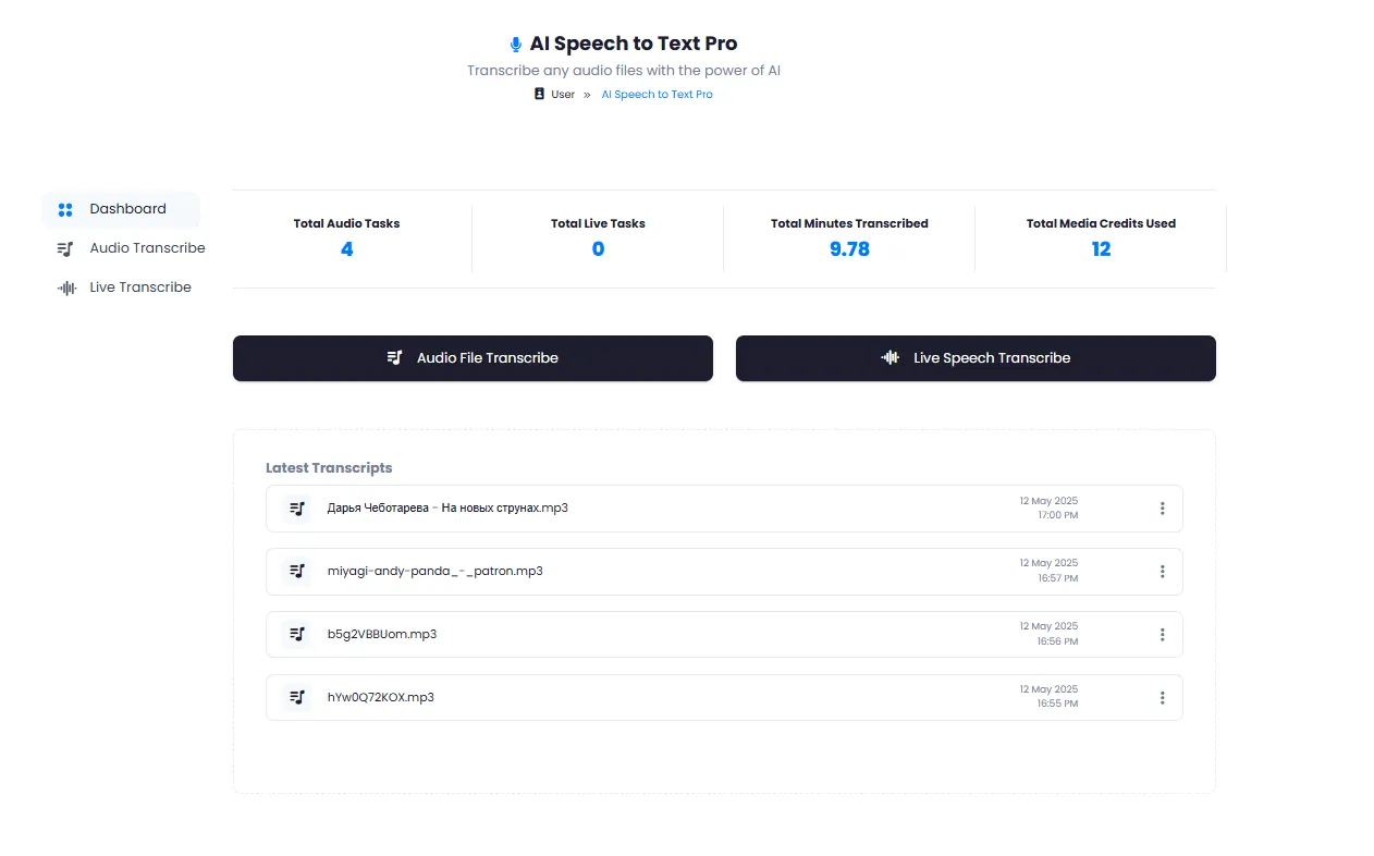 AI Speech to Text Pro Dashboard with Overview Stats and Quick Access to File and Live Transcription
