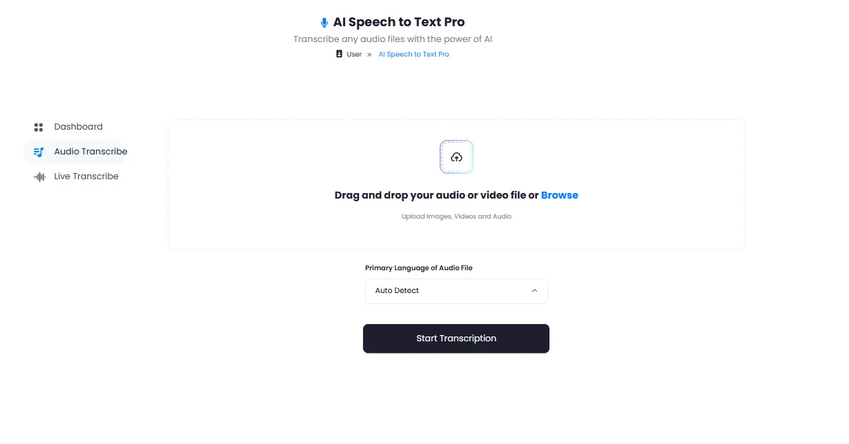 Audio or Video File Upload Page for Transcription with Language Selection