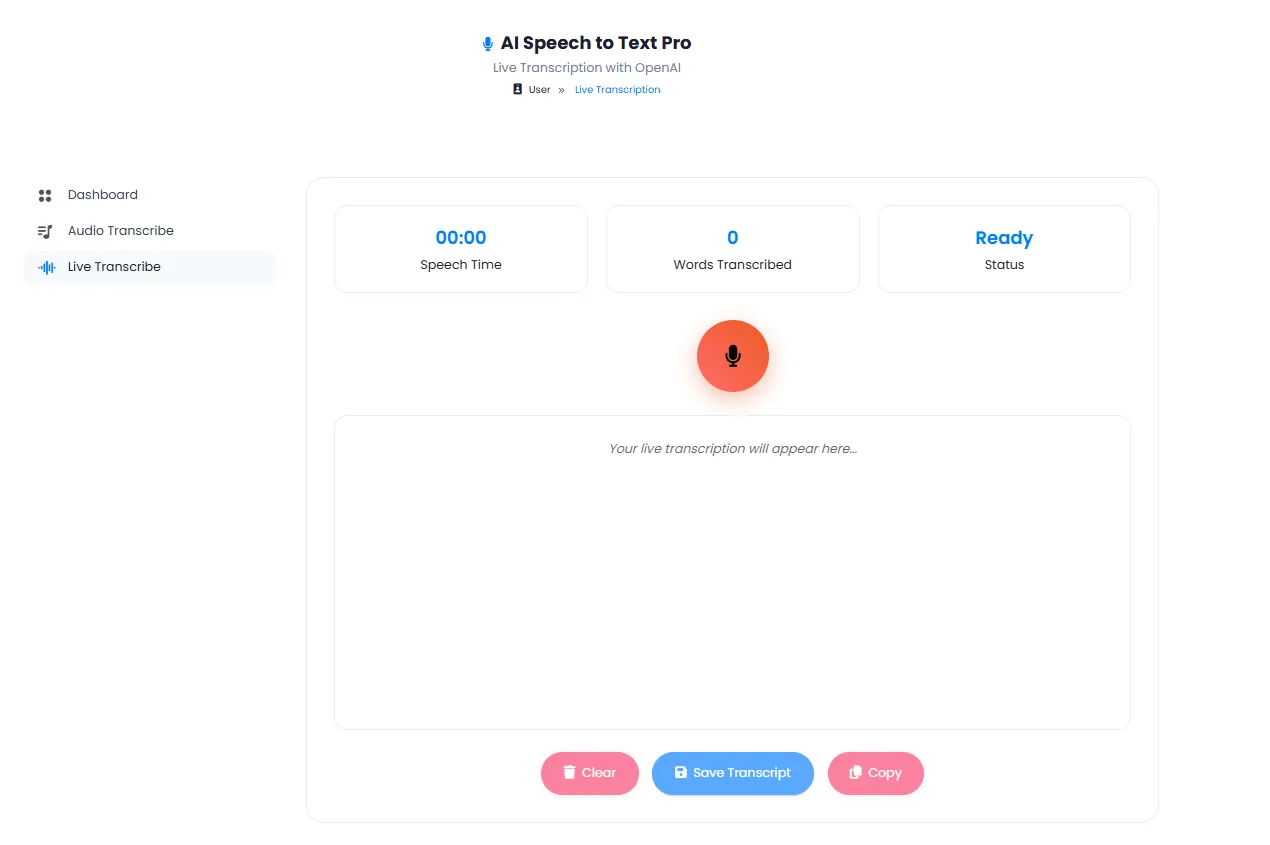 Live Speech Transcription Page with Speech Time, Word Count and Recording Status