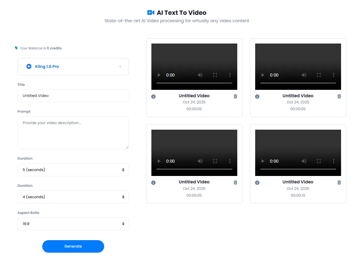 Text to video tool interface and generated videos list