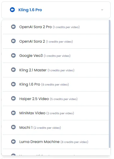 Video generation model selection from various options