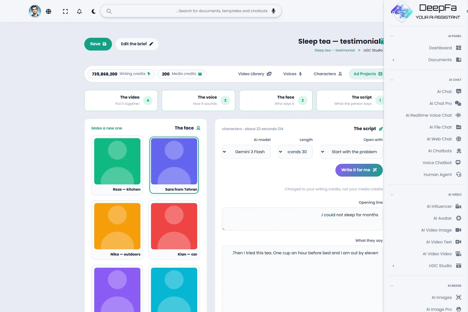 The ad workspace: spoken script, character picker, voice picker and a render button with the cost stated