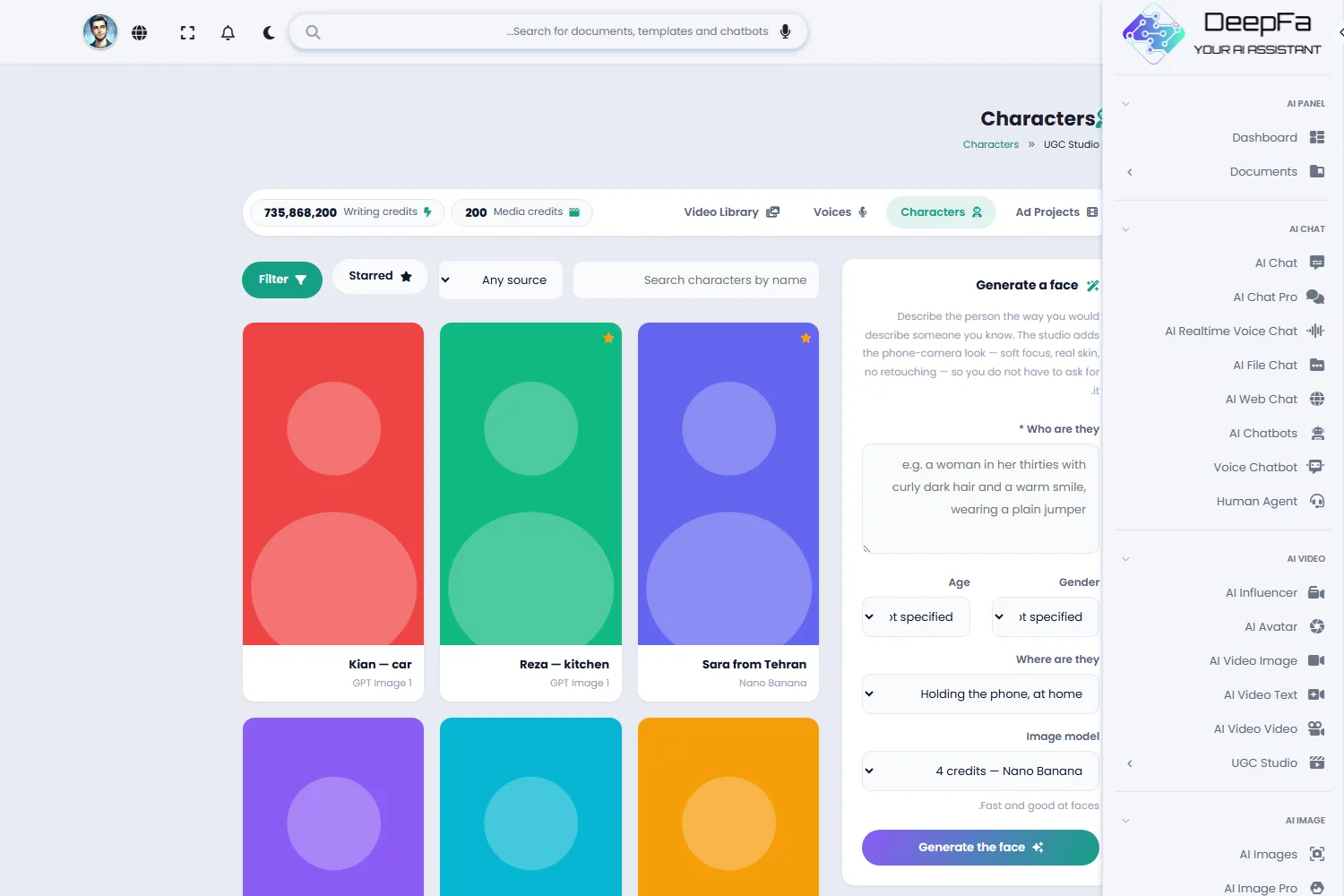 The character library with the face builder — describe the person, gender, age, setting and image model