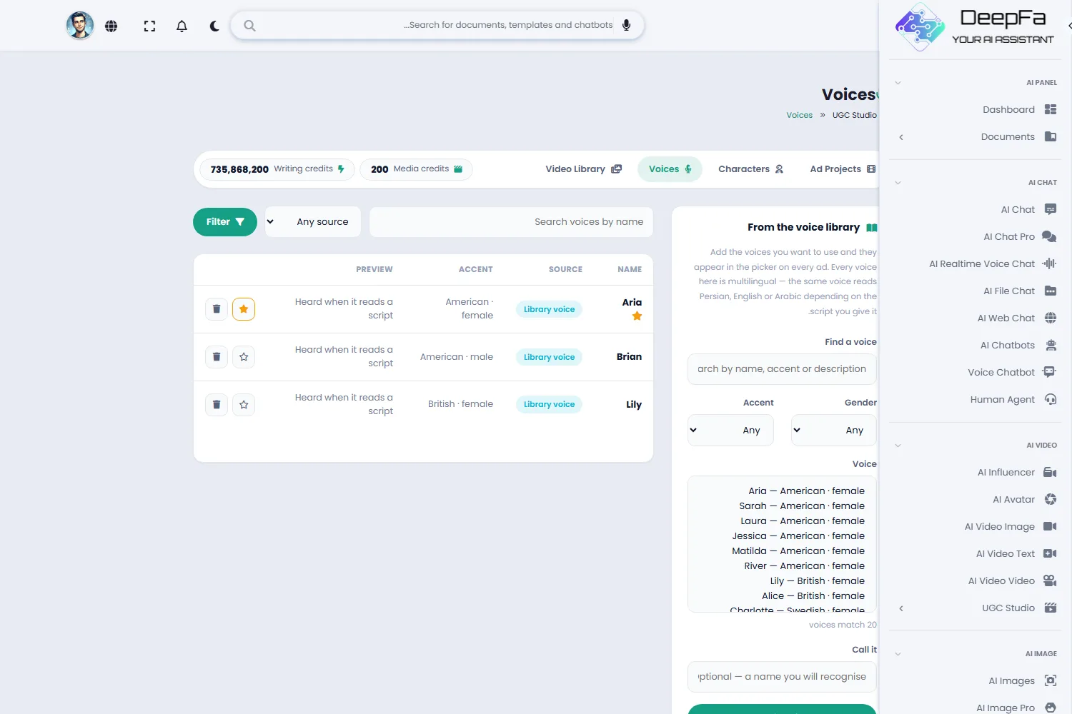 The voice library with search, accent and gender filters, and upload for your own recording