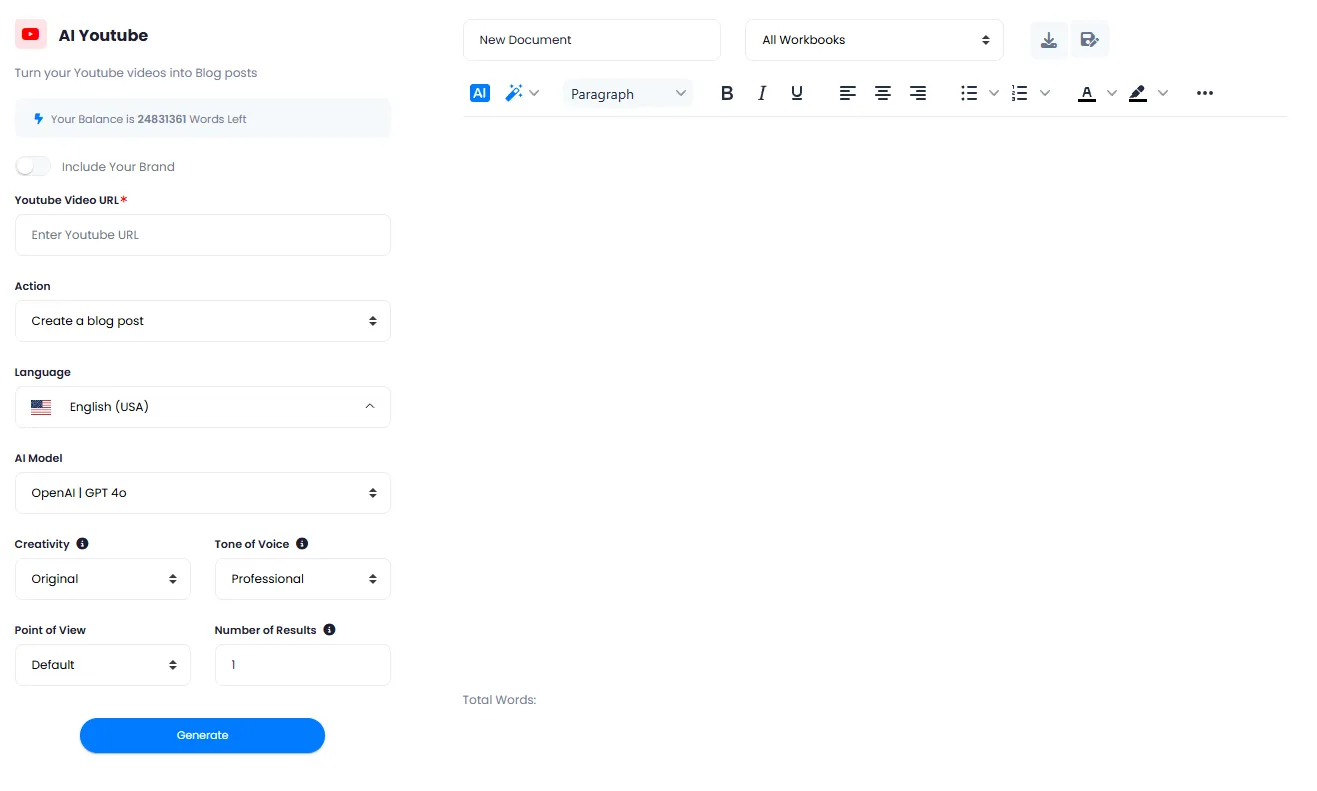 YouTube Video to Text Page with Model, Creativity, Tone and Point of View Settings