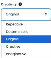 Creativity Level Selection Dropdown for Video Content Generation