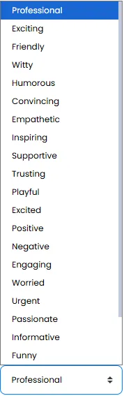 Tone of Voice Selection Dropdown with Options from Professional to Funny