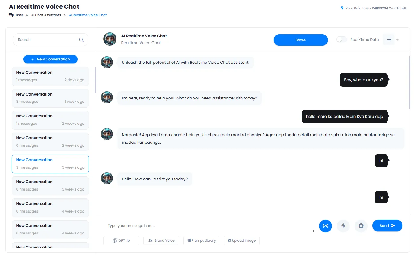 AI Realtime Voice Chat Interface with Message Input and Microphone Button