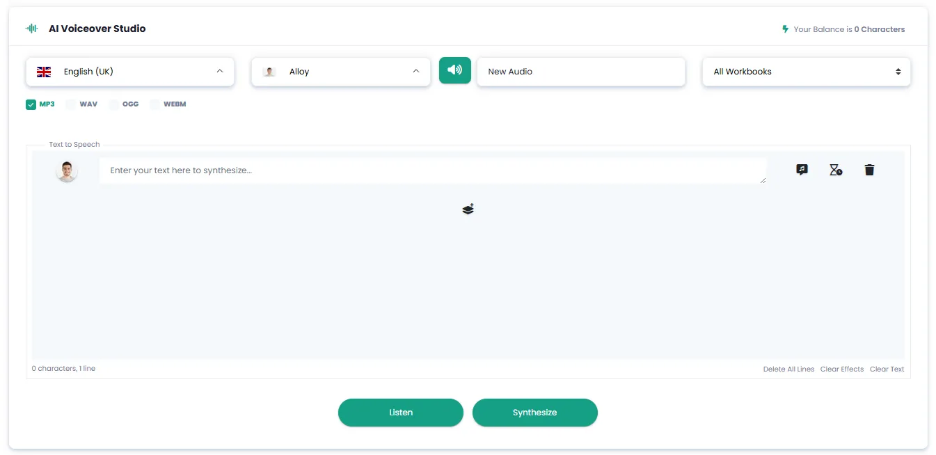AI Voiceover Studio with Language, Voice and Output Format Selection