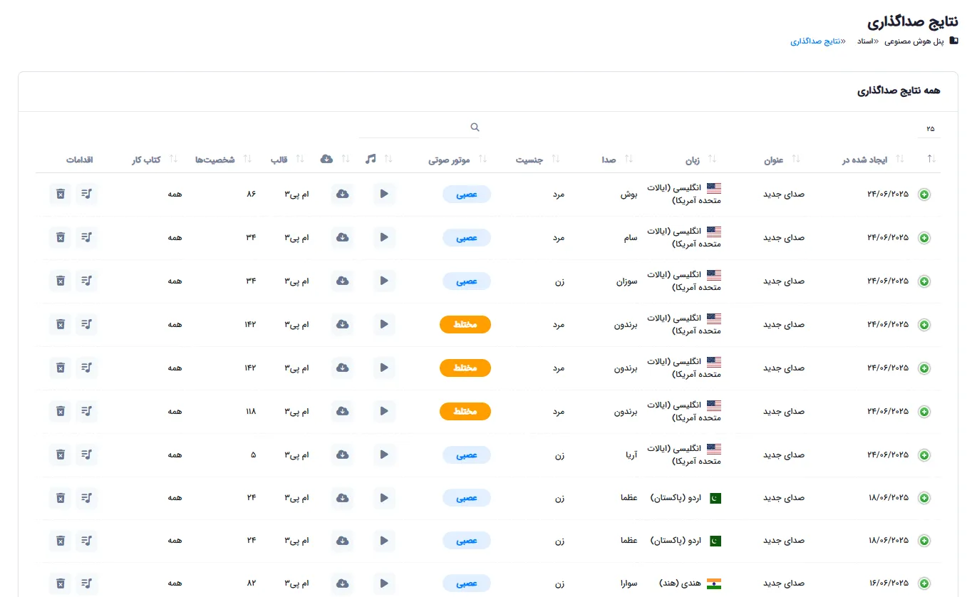 جدول کامل نتایج صوتی با امکان پخش، دانلود و مشاهده جزئیات هر فایل