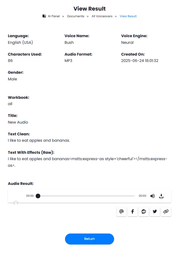 Voiceover Result Details Page with Text, Language, Voice and Online Player