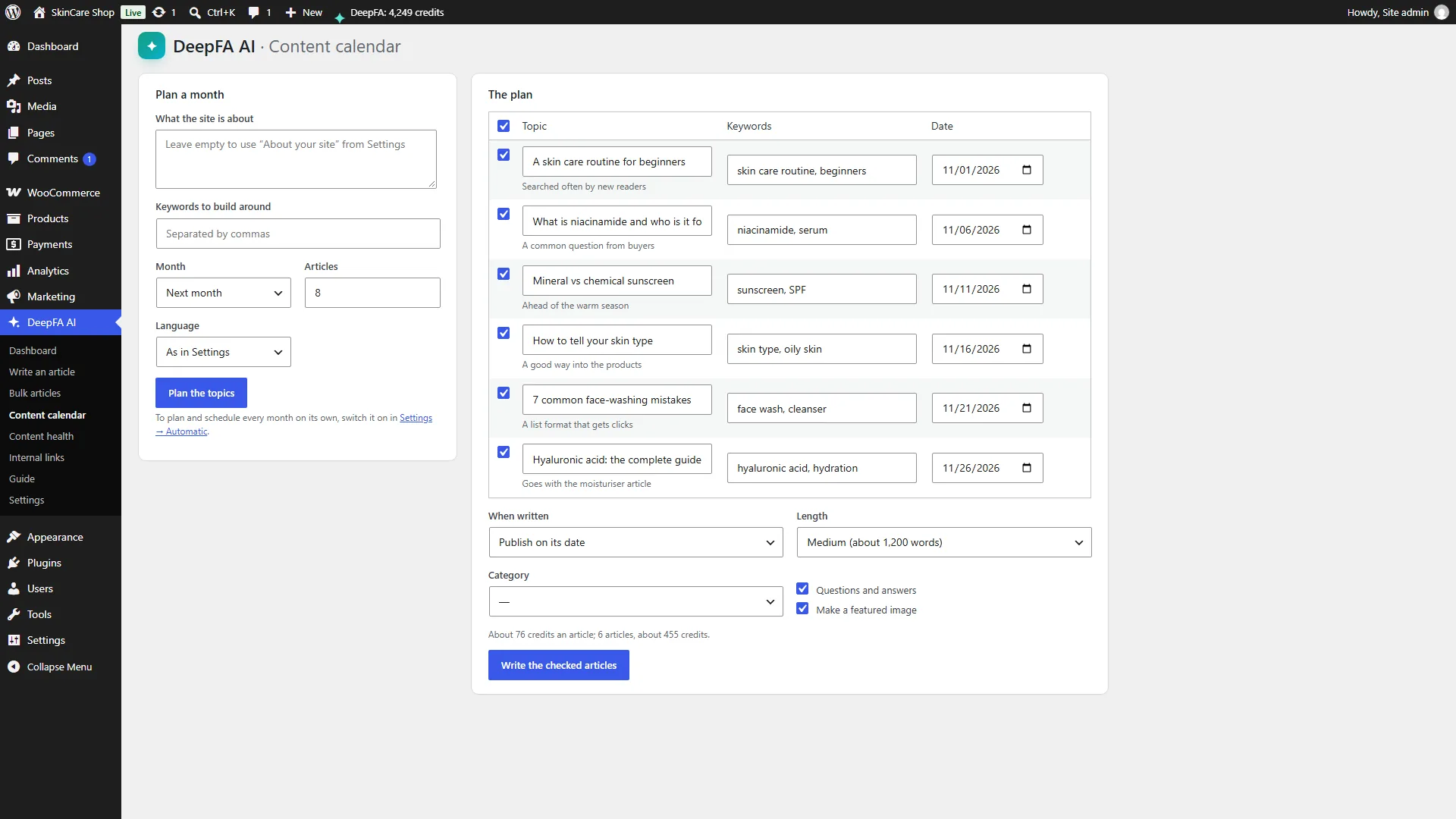 Content calendar: a month of topics with keywords, dates and the cost of writing them