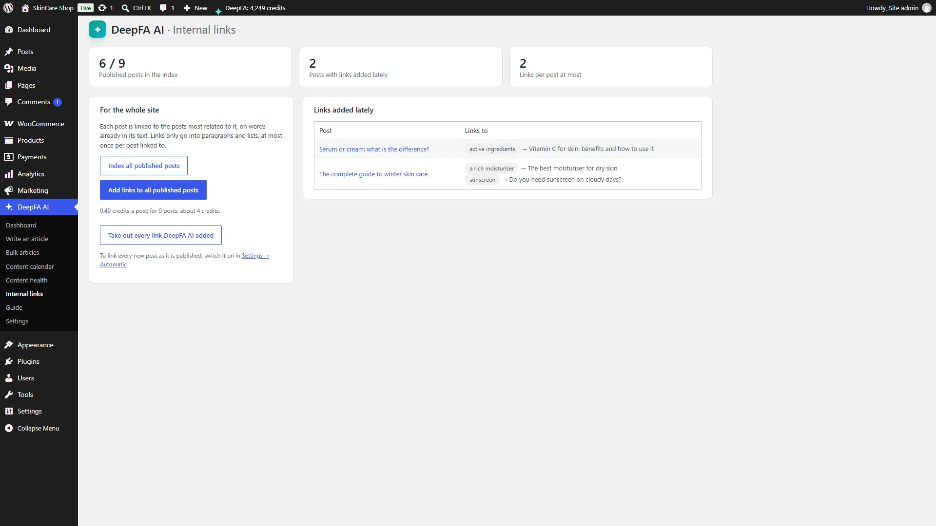 Internal links for the whole site, and the links added lately