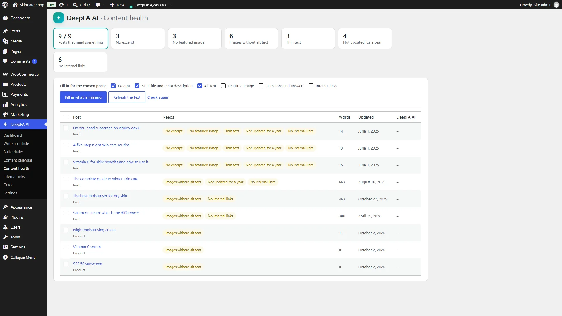 Content health: what each post is missing, filled in for the posts you tick
