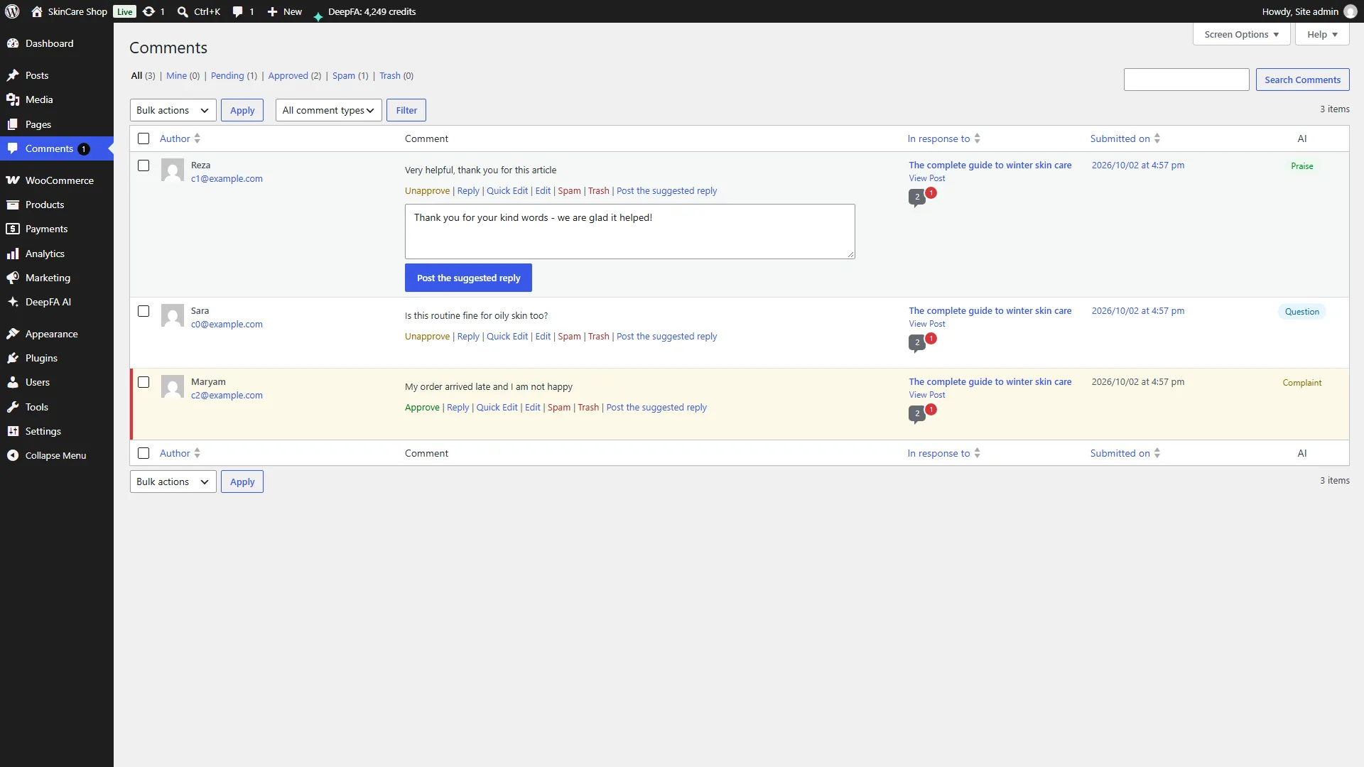 Comments labelled by AI, with a suggested reply ready to post