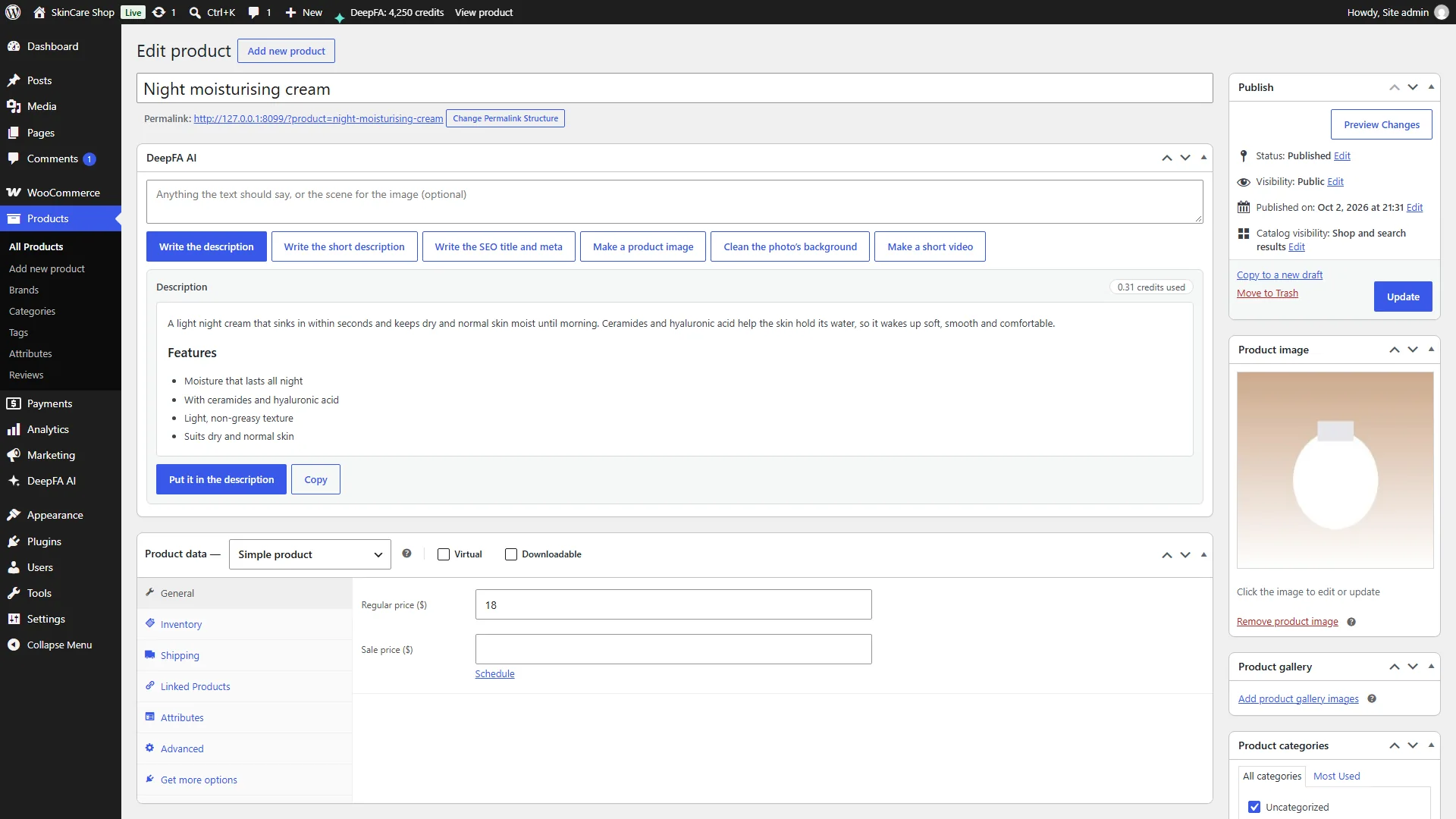 WooCommerce: the product box with a written description, a clean photo background and a short video