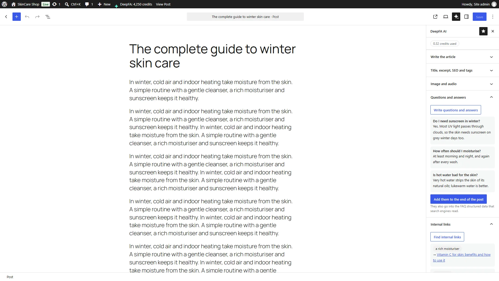 Questions and answers and internal links in the editor sidebar