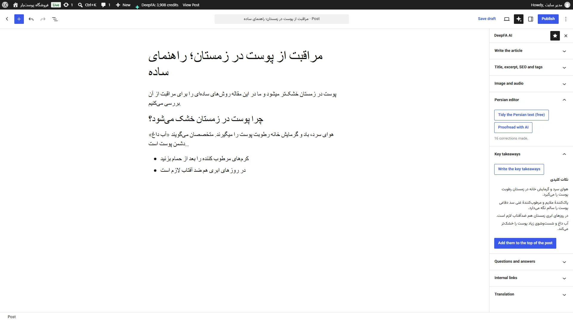 The Persian editor and key takeaways in the editor sidebar