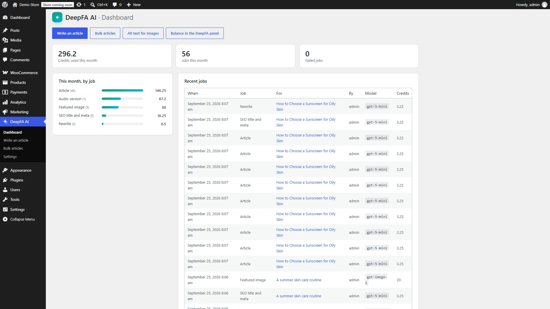 Dashboard: credit used by job, and every job