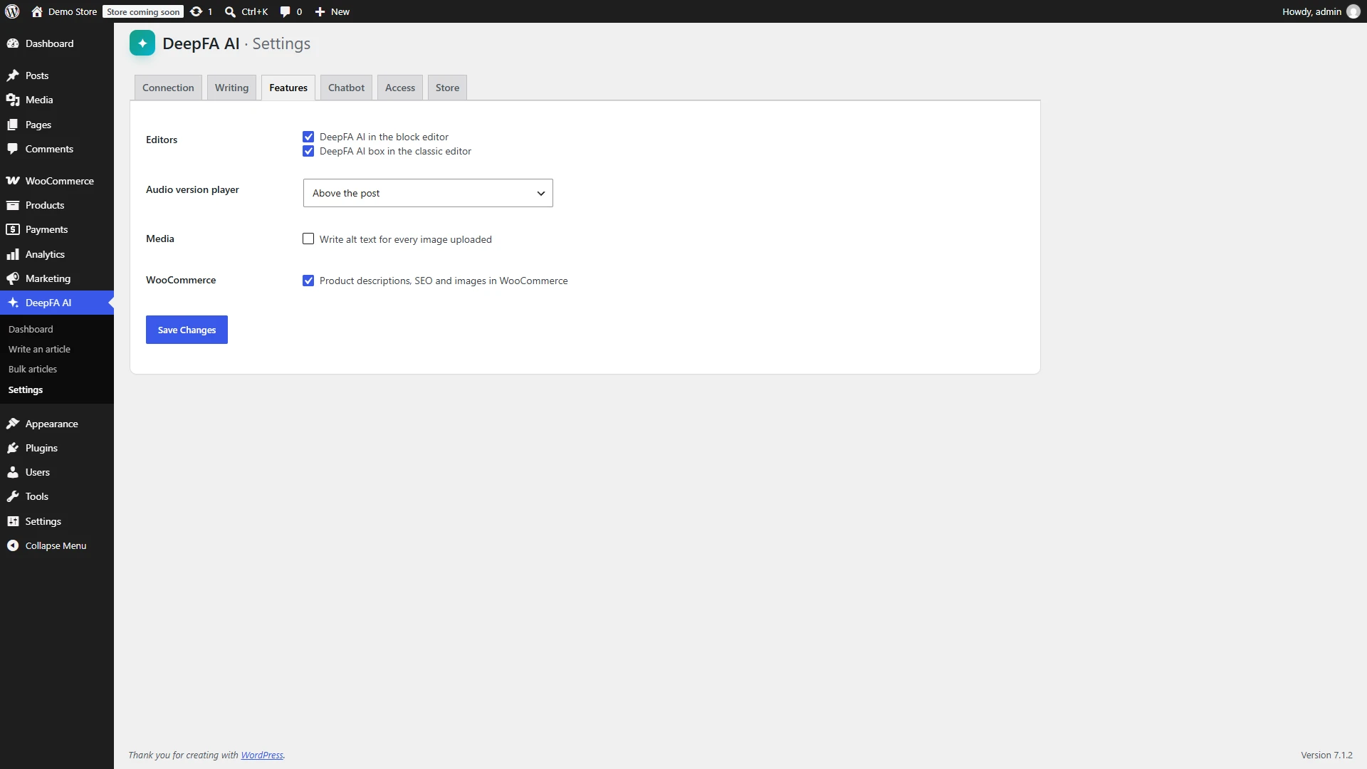 Settings: features, the audio player and automatic alt text