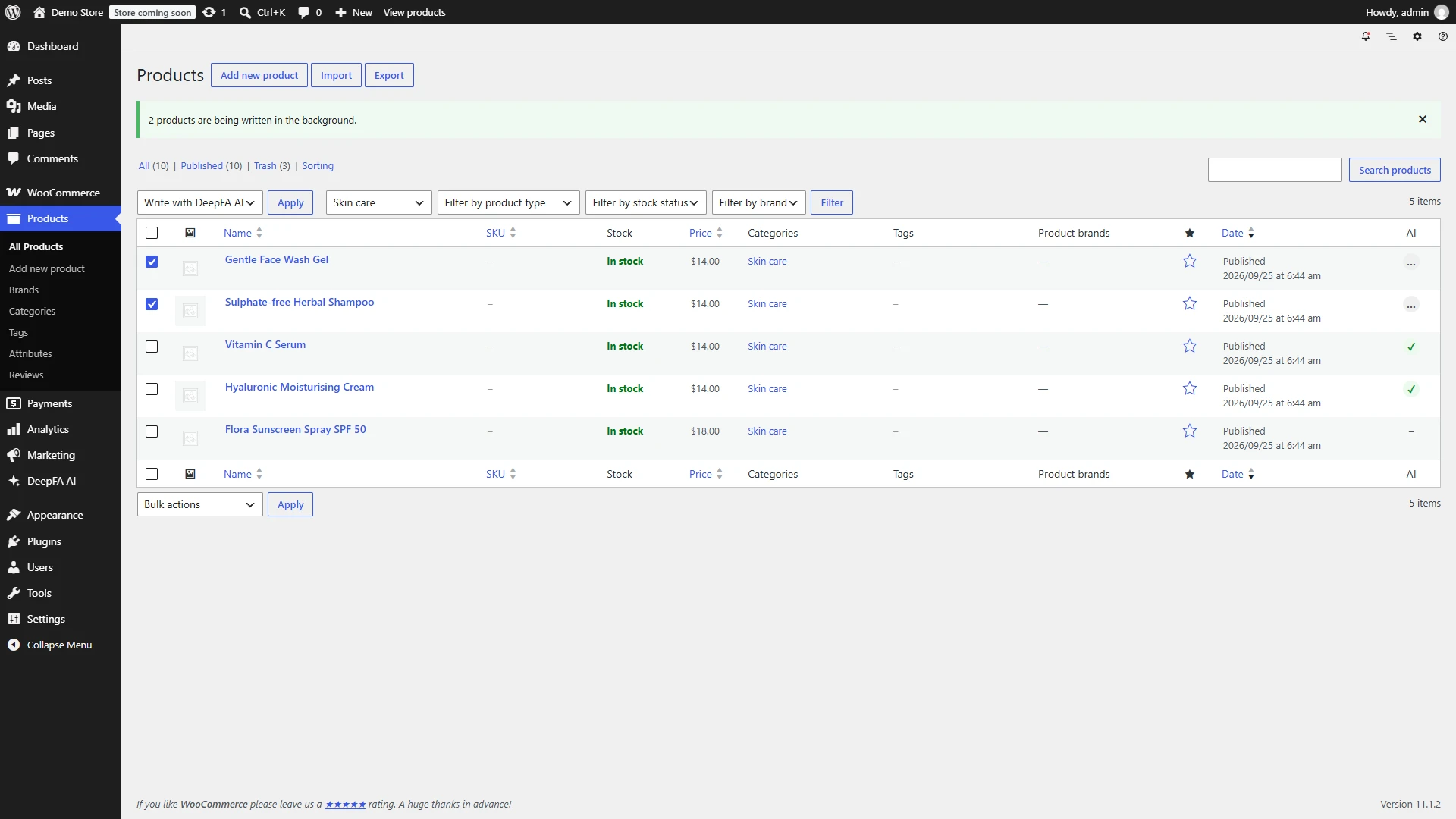 WooCommerce: bulk writing from the product list, with each product’s status
