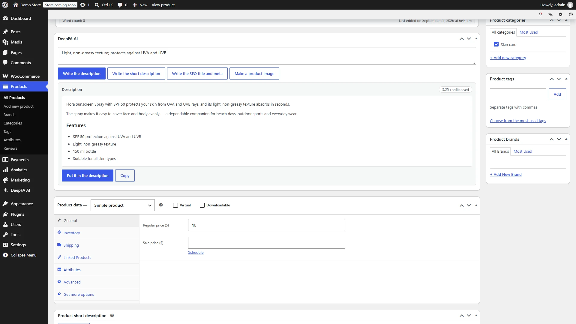 The AI plugin for WooCommerce on the product edit page