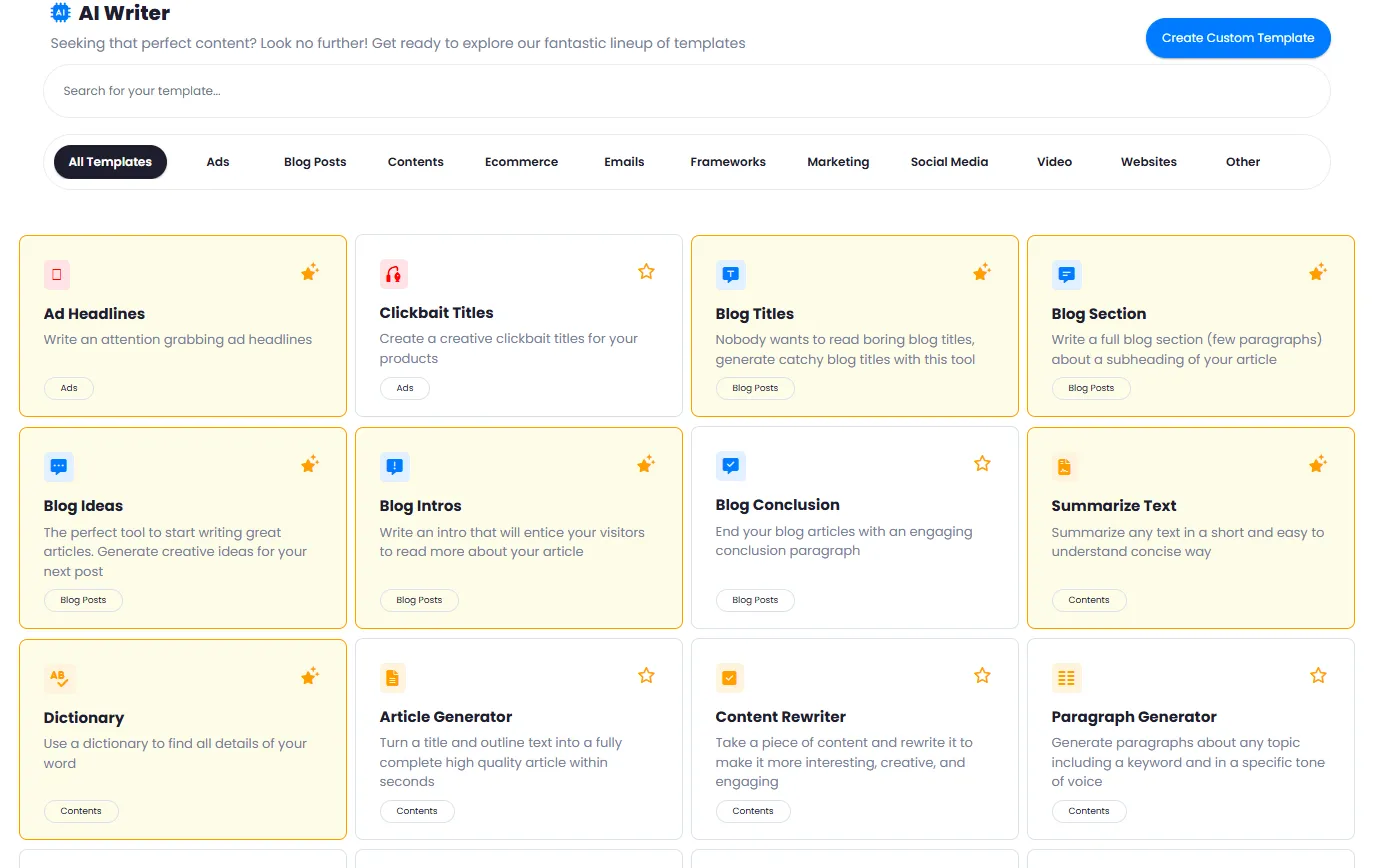 AI Writer Template Library with Diverse Content Categories