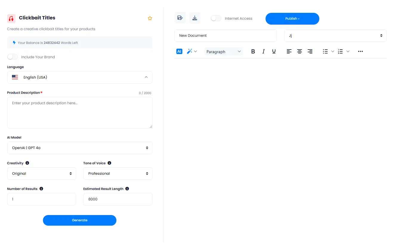 Content Generation Page with Model, Creativity, Tone Settings and Text Editor