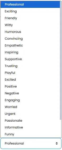 Tone of Voice Selection Dropdown with Options from Professional to Funny
